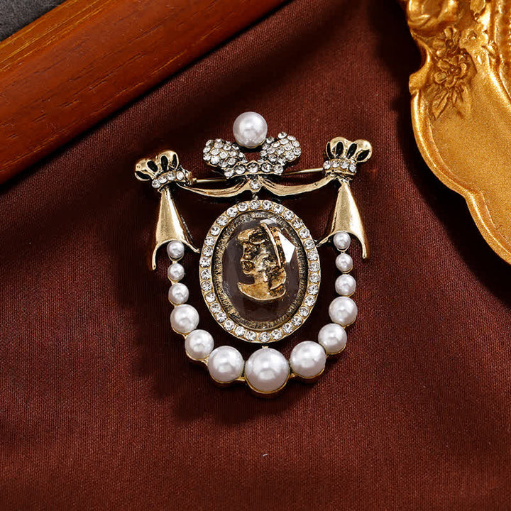 Women's Vintage Lady Face Court Style Pearl Brooch - Anqitue Gold - image 0