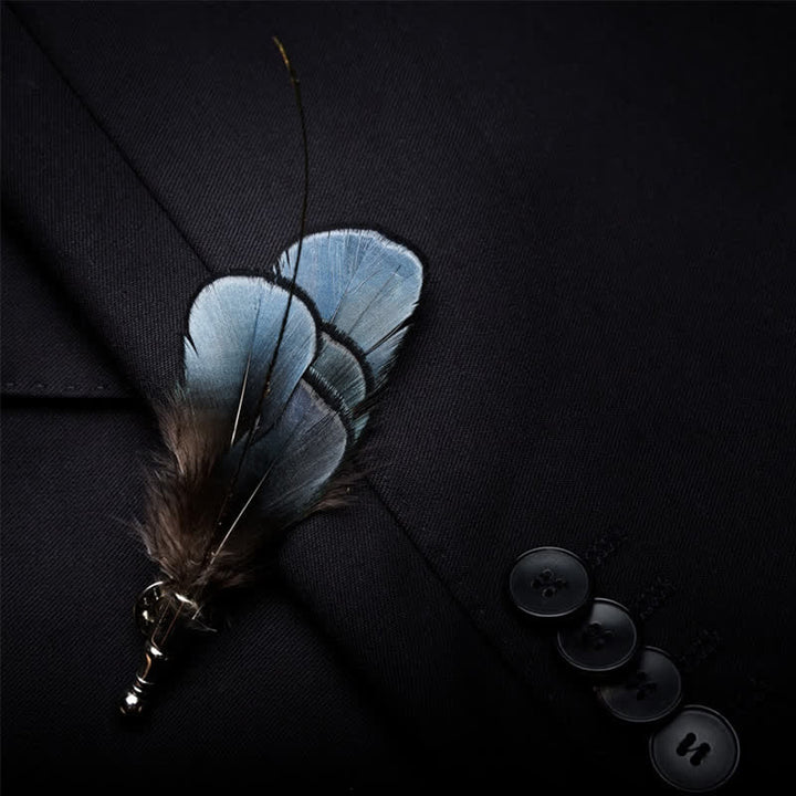 Dark Blue Luxury Natural Feather Bow Tie with Lapel Pin