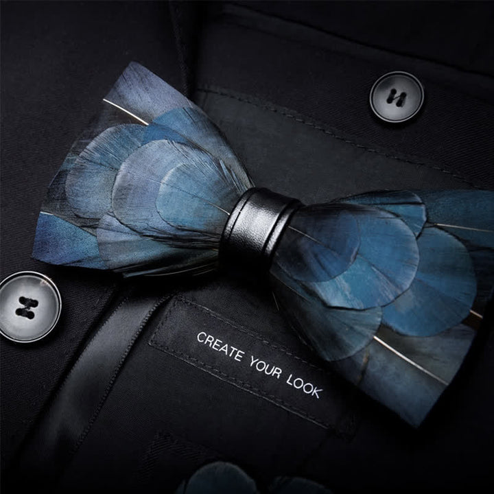 Dark Blue Luxury Natural Feather Bow Tie with Lapel Pin