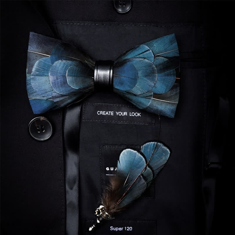 Dark Blue Luxury Natural Feather Bow Tie with Lapel Pin - Dark Blue - image 0