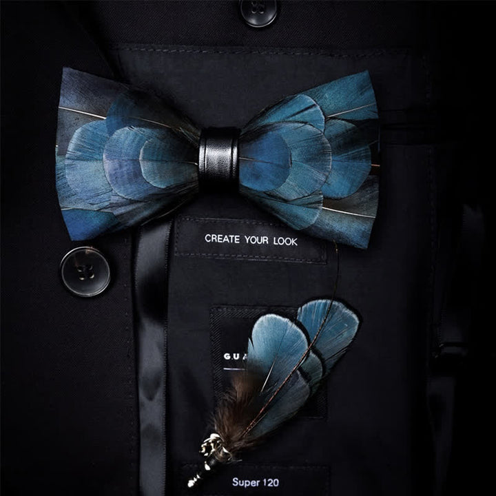 Dark Blue Luxury Natural Feather Bow Tie with Lapel Pin - Dark Blue - image 0