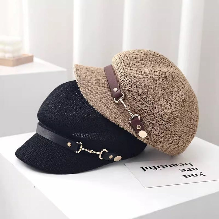 Women's Summer Solid Color Leather Band Decor Straw Beret Hat - image 3