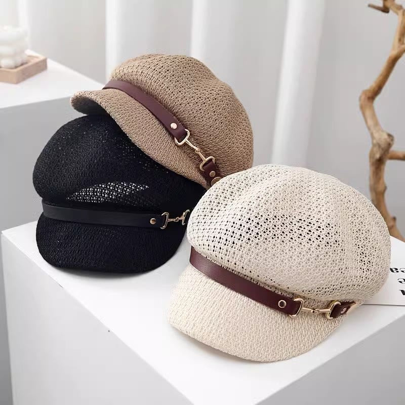 Women's Summer Solid Color Leather Band Decor Straw Beret Hat - image 1