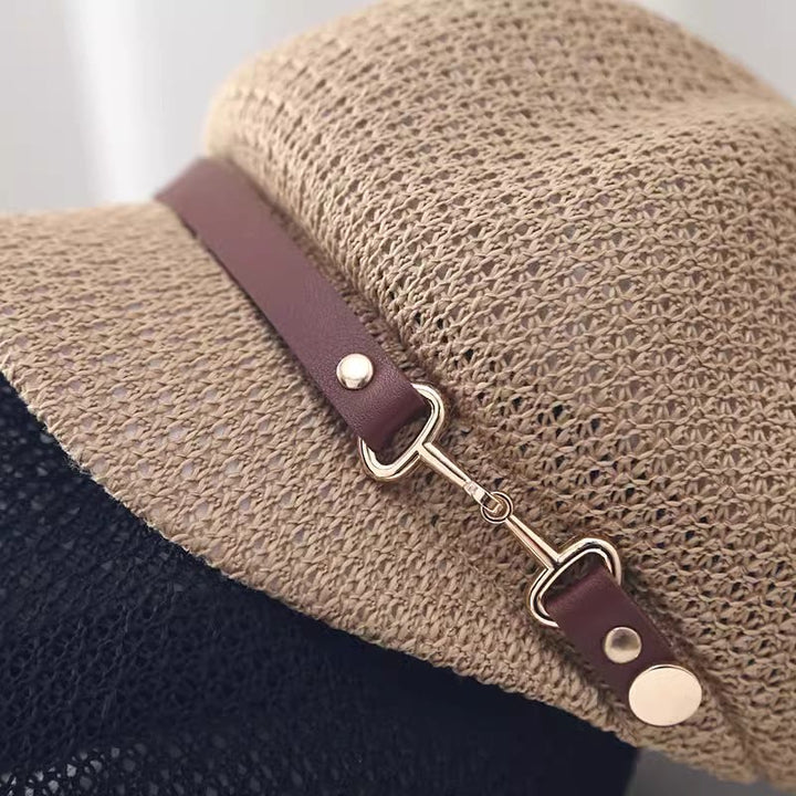 Women's Summer Solid Color Leather Band Decor Straw Beret Hat - image 4