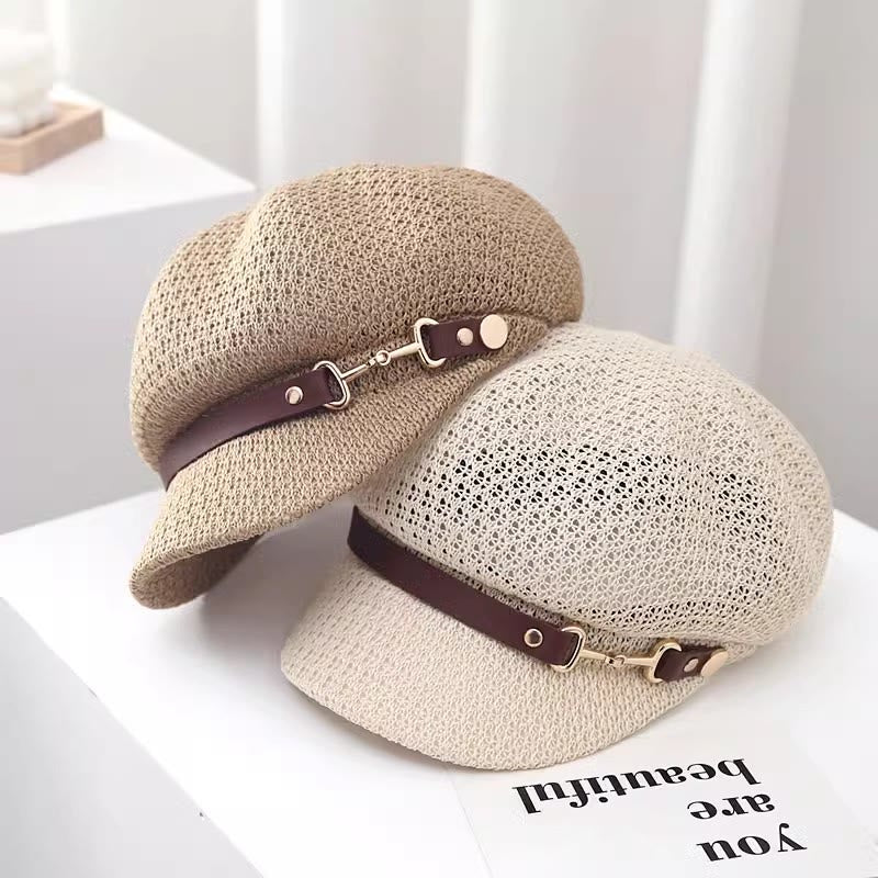 Women's Summer Solid Color Leather Band Decor Straw Beret Hat - image 2