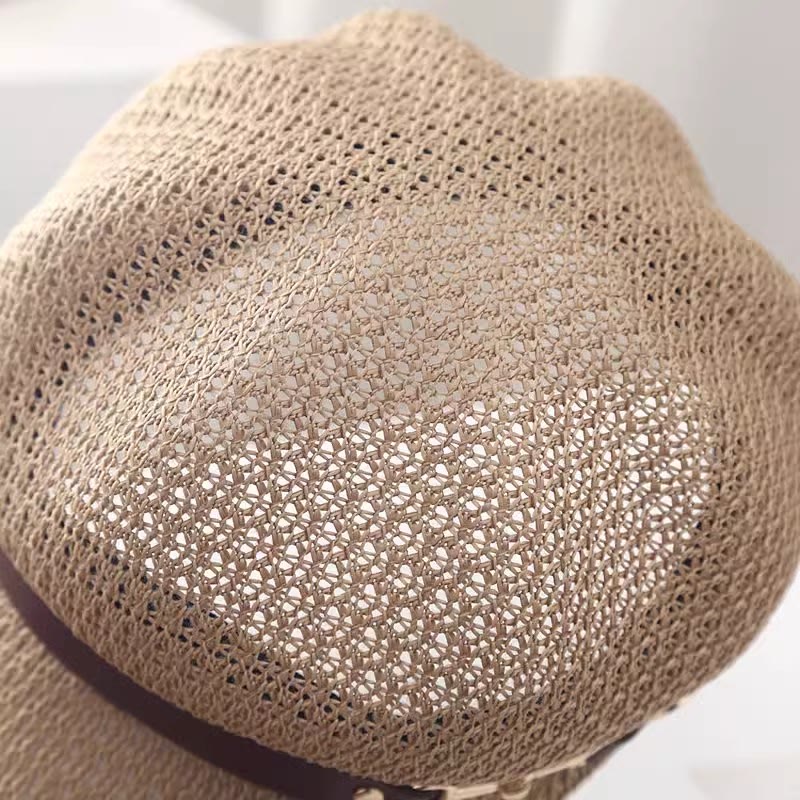 Women's Summer Solid Color Leather Band Decor Straw Beret Hat - image 5