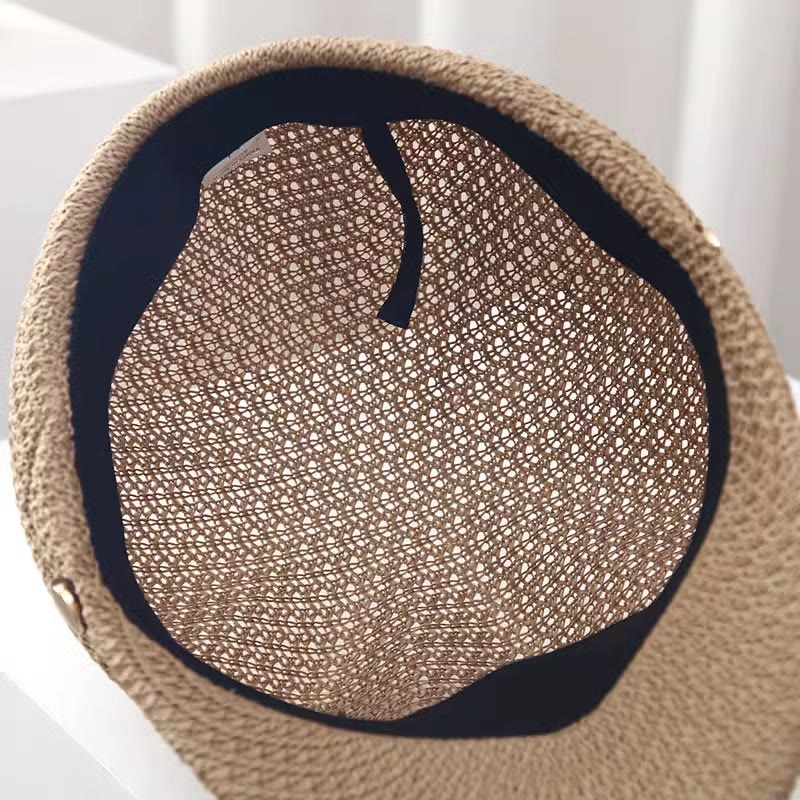 Women's Summer Solid Color Leather Band Decor Straw Beret Hat - image 6