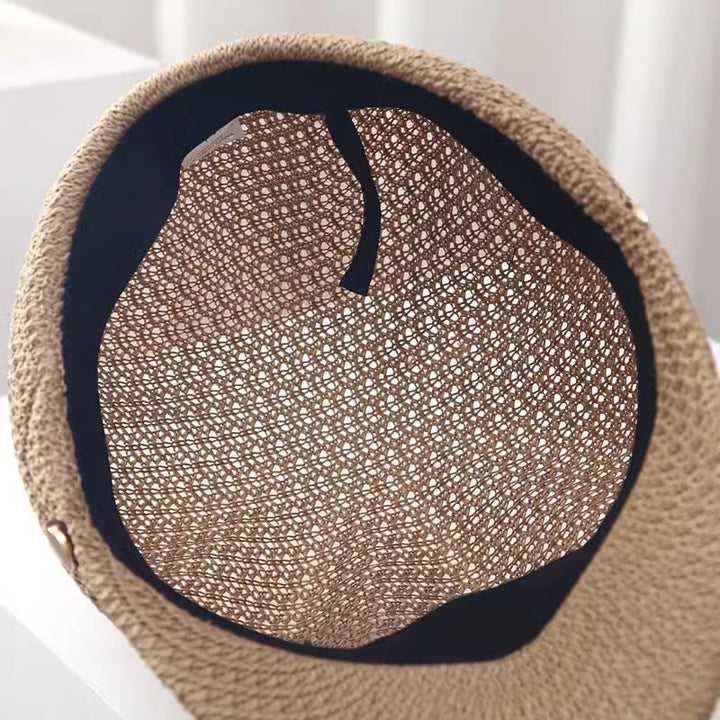 Women's Summer Solid Color Leather Band Decor Straw Beret Hat - image 6