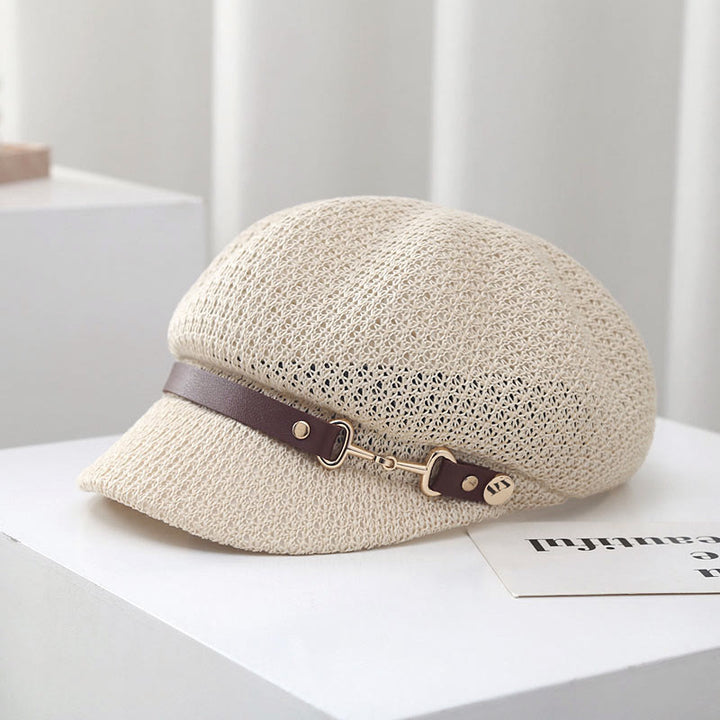 Women's Summer Solid Color Leather Band Decor Straw Beret Hat - Ivory - M (22 1/4"-22 7/8") - image 8