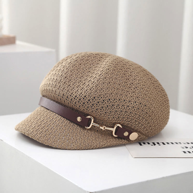 Women's Summer Solid Color Leather Band Decor Straw Beret Hat - Khaki - M (22 1/4"-22 7/8") - image 0