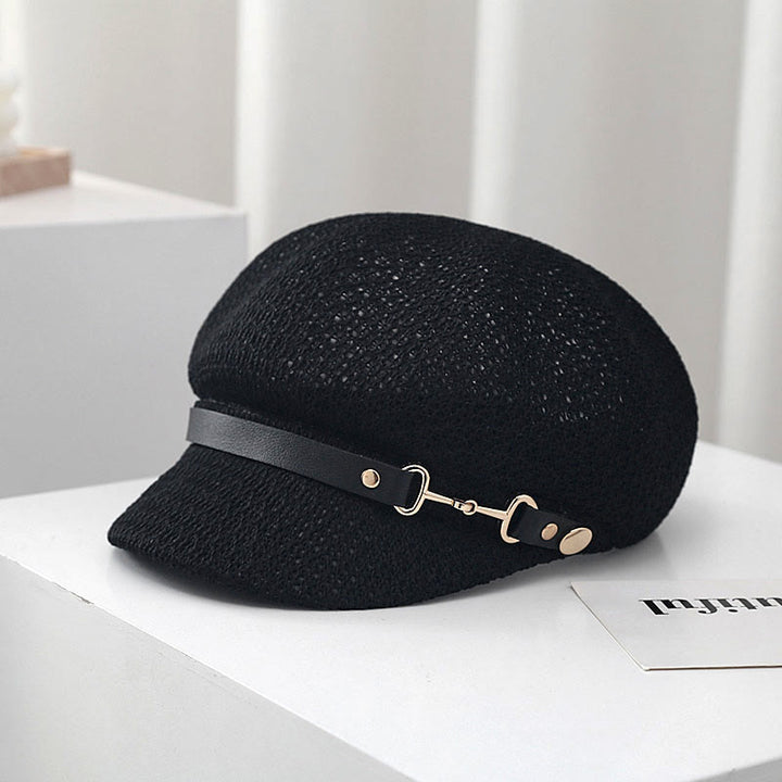 Women's Summer Solid Color Leather Band Decor Straw Beret Hat - Black - M (22 1/4"-22 7/8") - image 7