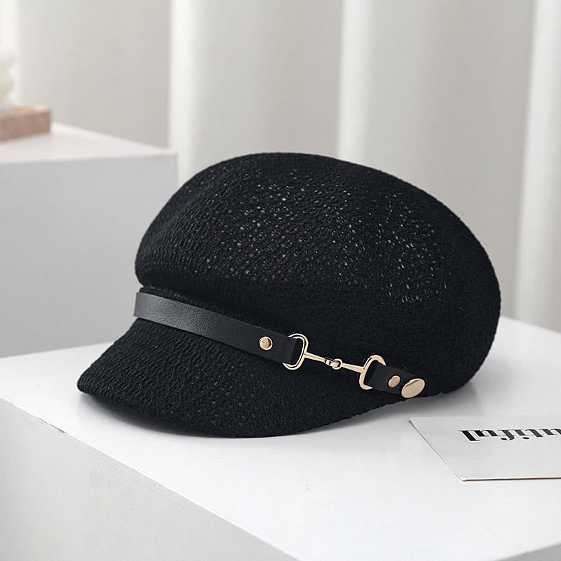 Women's Summer Solid Color Leather Band Decor Straw Beret Hat