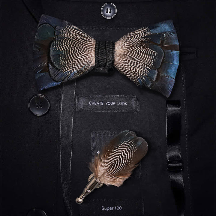 Kid's Blue & White Mallard Duck Feather Bow Tie with Lapel Pin