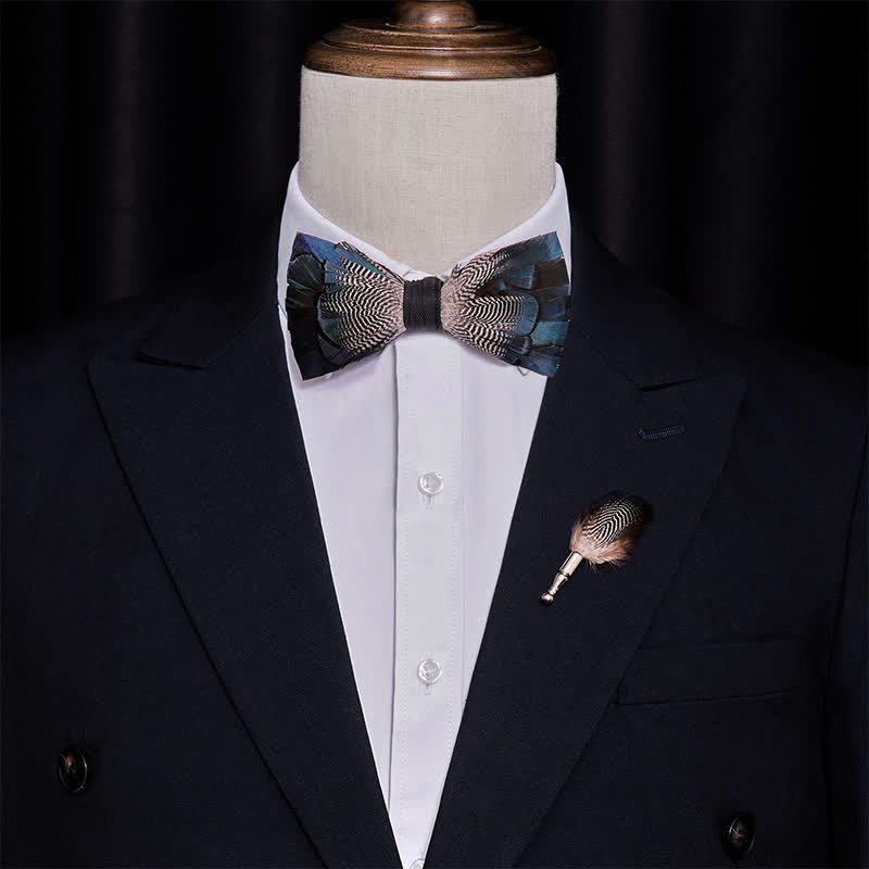 Kid's Blue & White Mallard Duck Feather Bow Tie with Lapel Pin