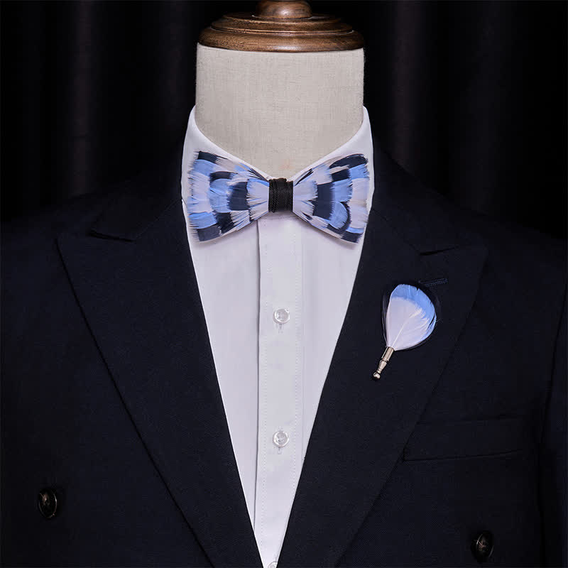 Blue & White Checkerboard Feather Bow Tie with Lapel Pin