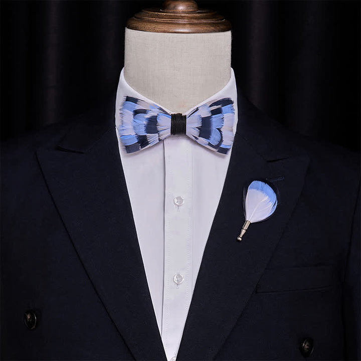Blue & White Checkerboard Feather Bow Tie with Lapel Pin