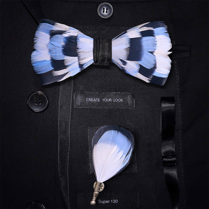 Blue & White Checkerboard Feather Bow Tie with Lapel Pin