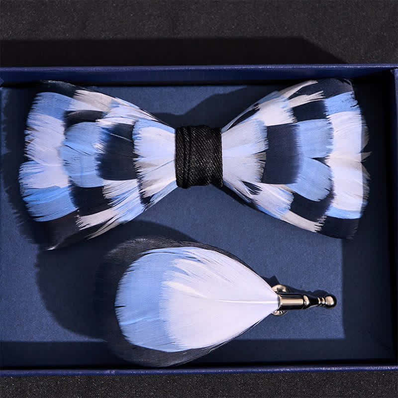 Blue & White Checkerboard Feather Bow Tie with Lapel Pin
