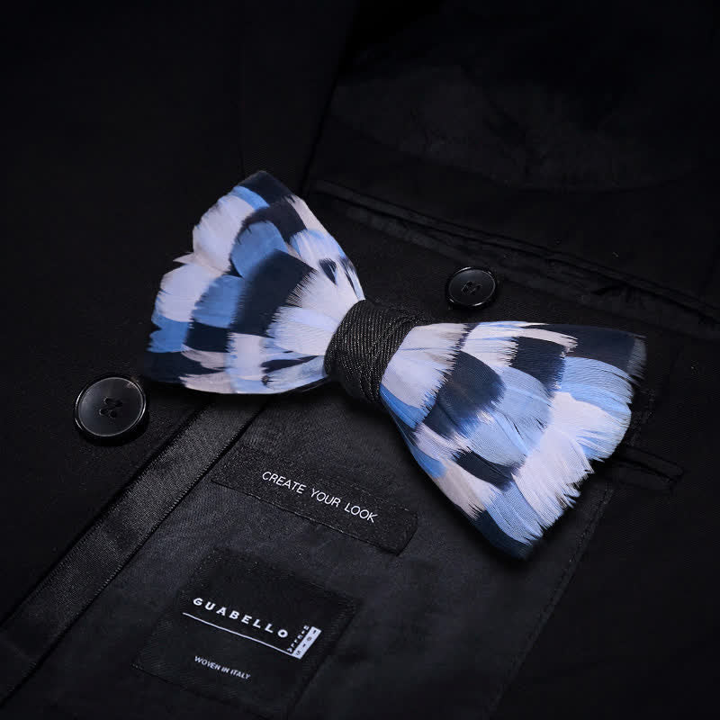 Kid's Blue & White Checkerboard Feather Bow Tie with Lapel Pin