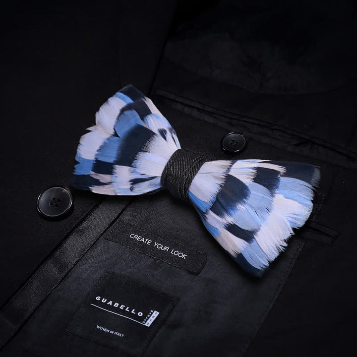 Kid's Blue & White Checkerboard Feather Bow Tie with Lapel Pin