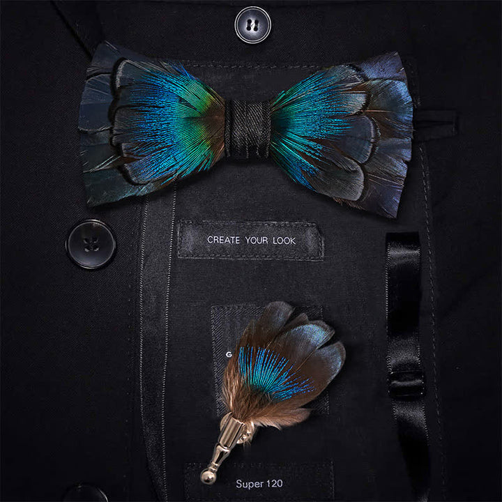 Cascading Navy Feather Bow Tie with Lapel Pin