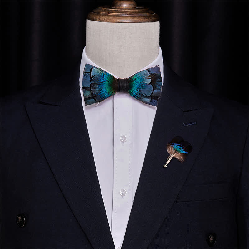 Cascading Navy Feather Bow Tie with Lapel Pin