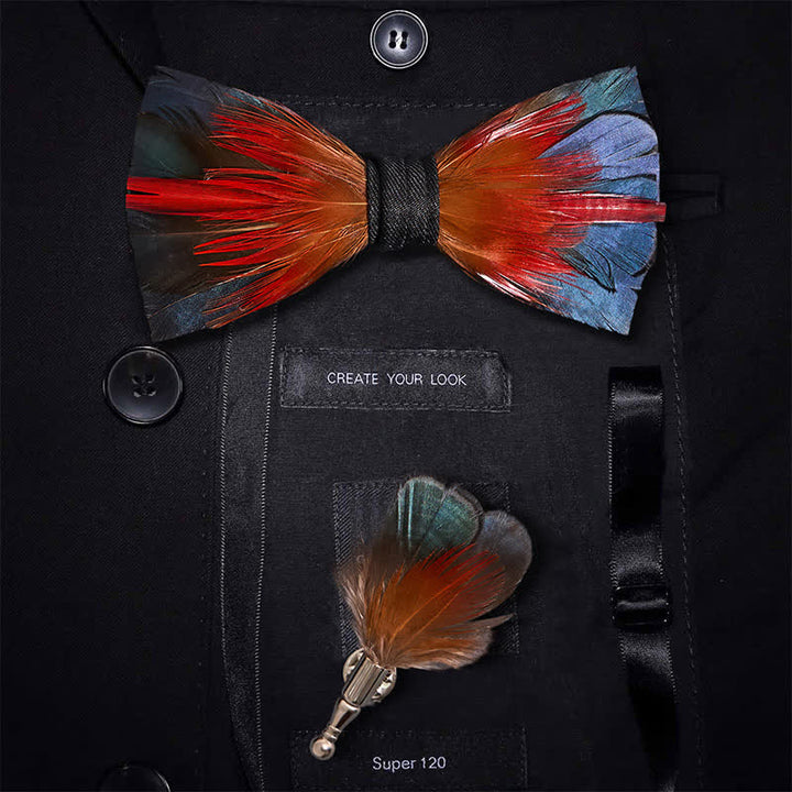 Hot Red & SteelBlue Feather Bow Tie with Lapel Pin