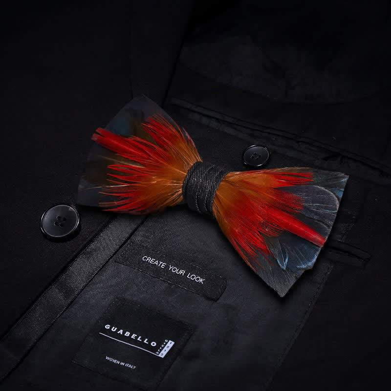 Hot Red & SteelBlue Feather Bow Tie with Lapel Pin