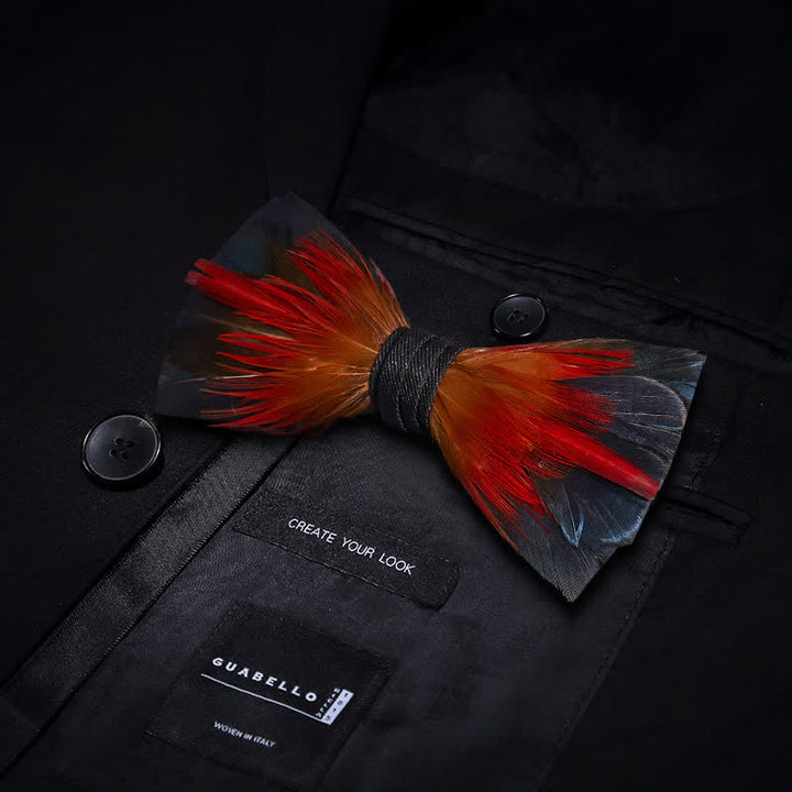Hot Red & SteelBlue Feather Bow Tie with Lapel Pin