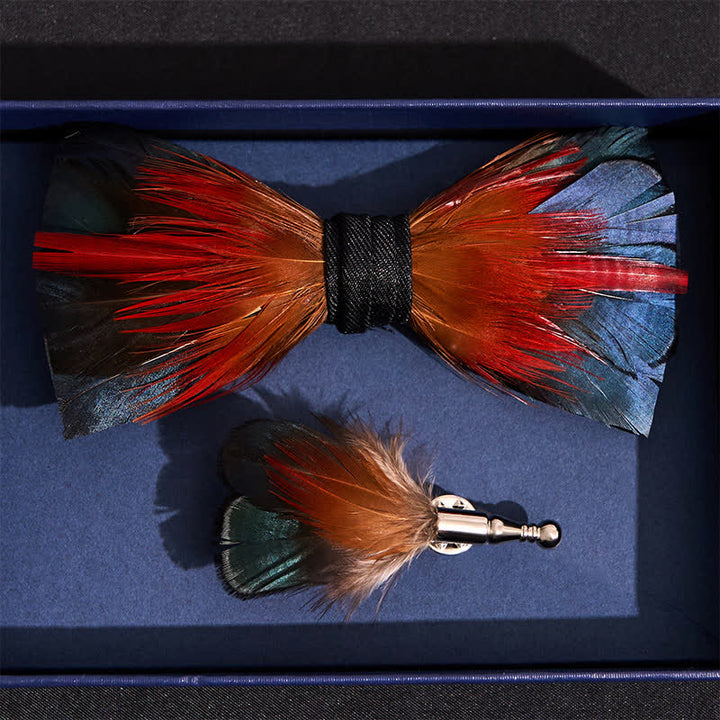 Hot Red & SteelBlue Feather Bow Tie with Lapel Pin