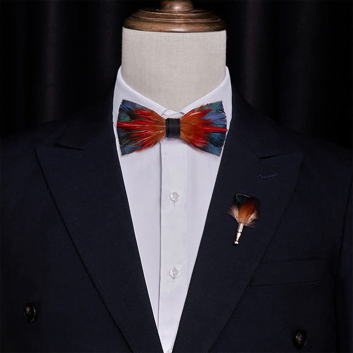 Hot Red & SteelBlue Feather Bow Tie with Lapel Pin