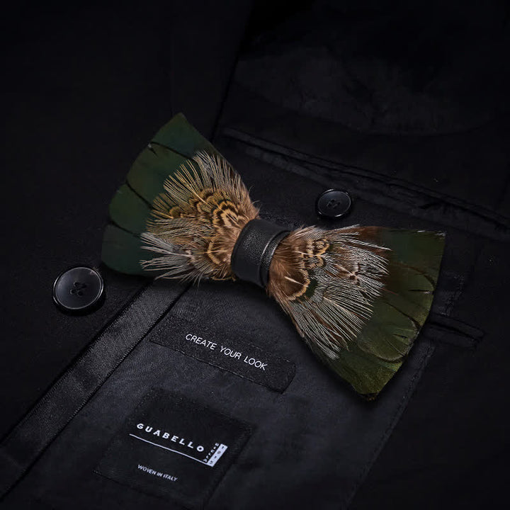 Primordial Forest Green Feather Bow Tie with Lapel Pin