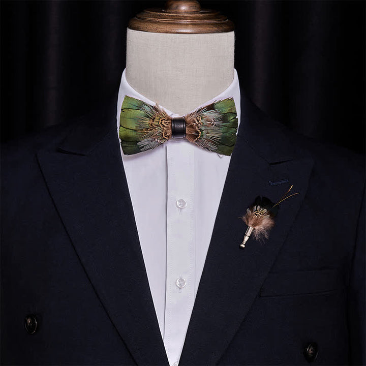 Primordial Forest Green Feather Bow Tie with Lapel Pin