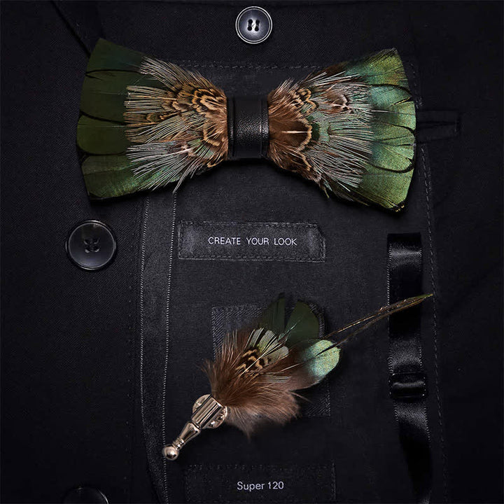 Primordial Forest Green Feather Bow Tie with Lapel Pin