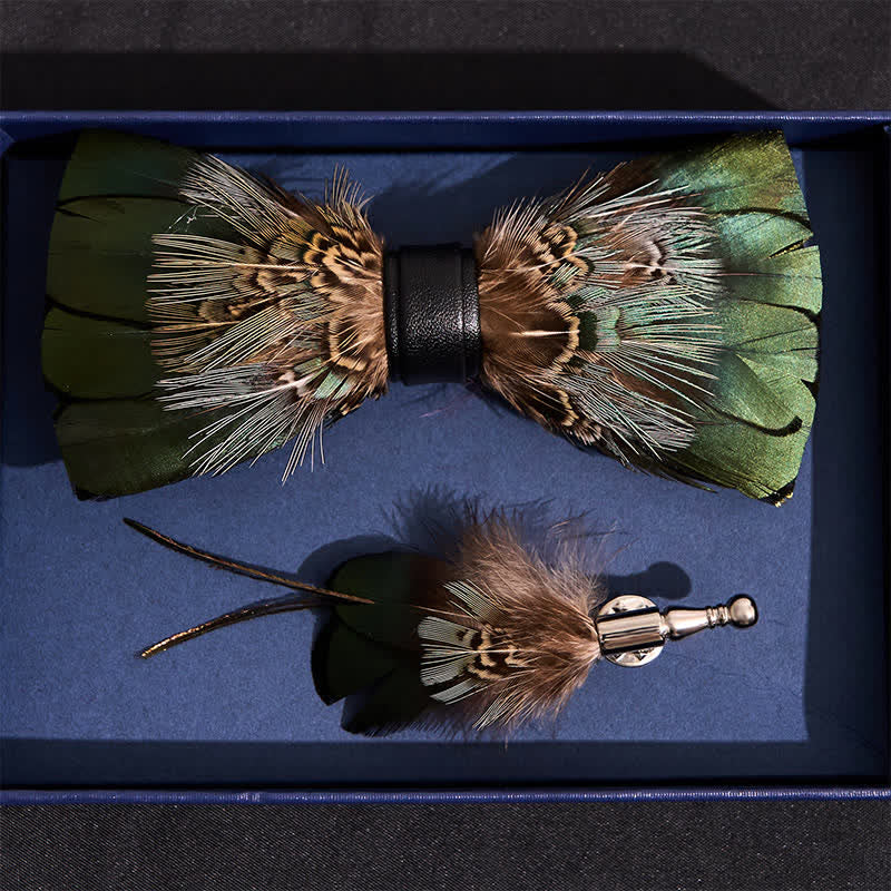 Primordial Forest Green Feather Bow Tie with Lapel Pin - image 3