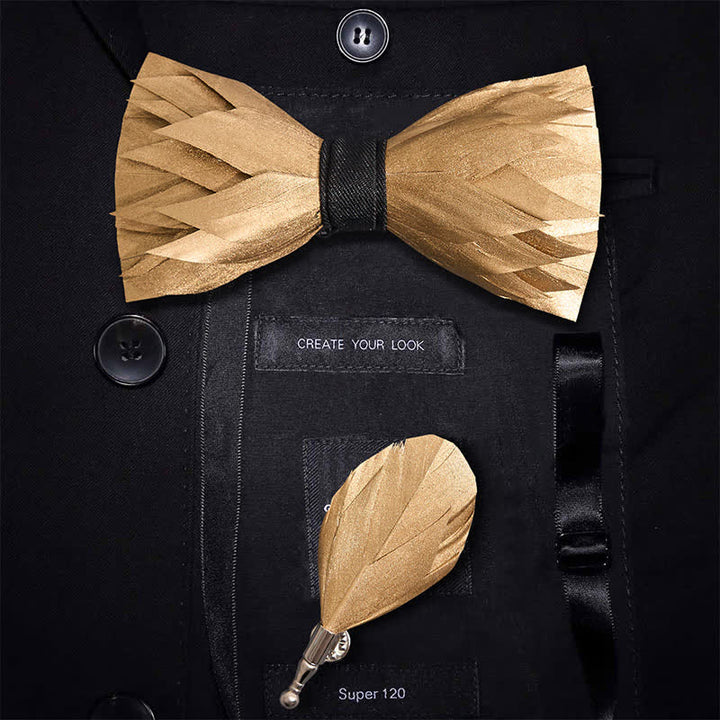 Sunshine Solid Gold Feather Bow Tie - Bow Tie + Lapel Pin - image 0