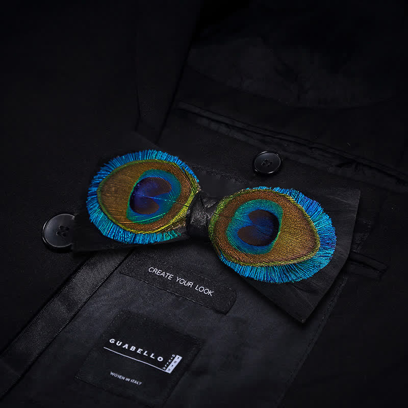 Blue & Black Peacock Eyes Feather Bow Tie