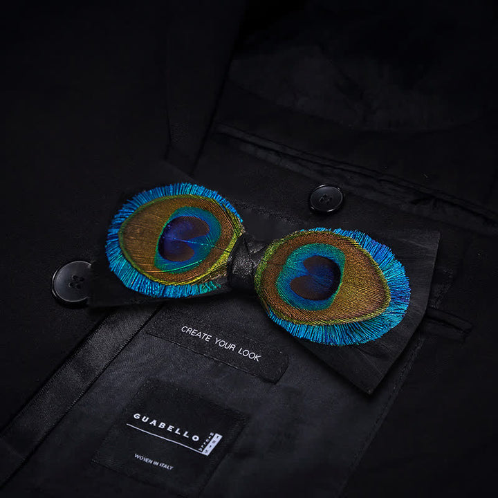 Blue & Black Peacock Eyes Feather Bow Tie