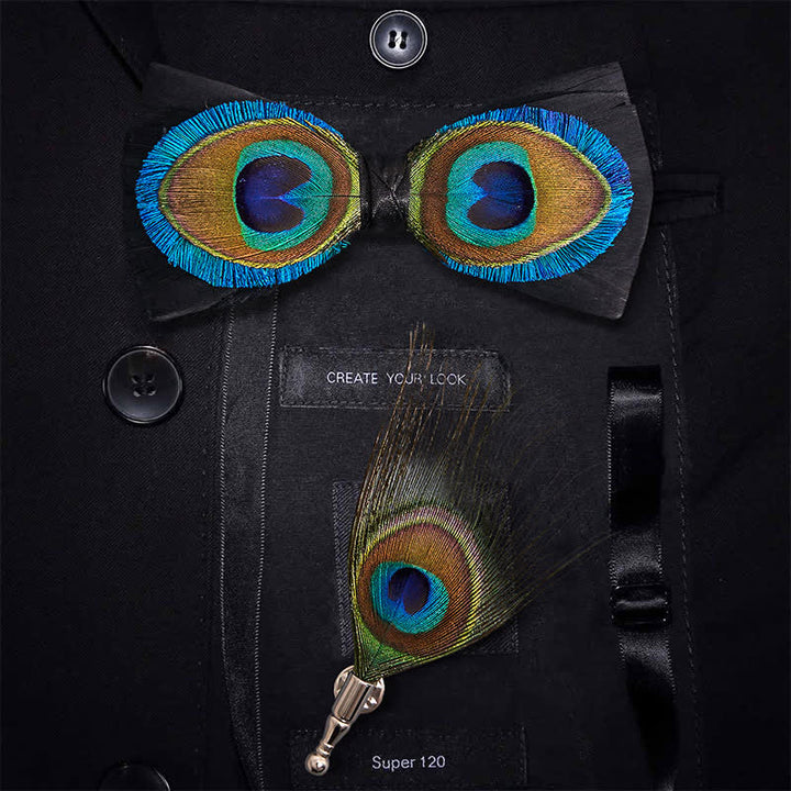 Blue & Black Peacock Eyes Feather Bow Tie - Bow Tie + Lapel Pin - image 0