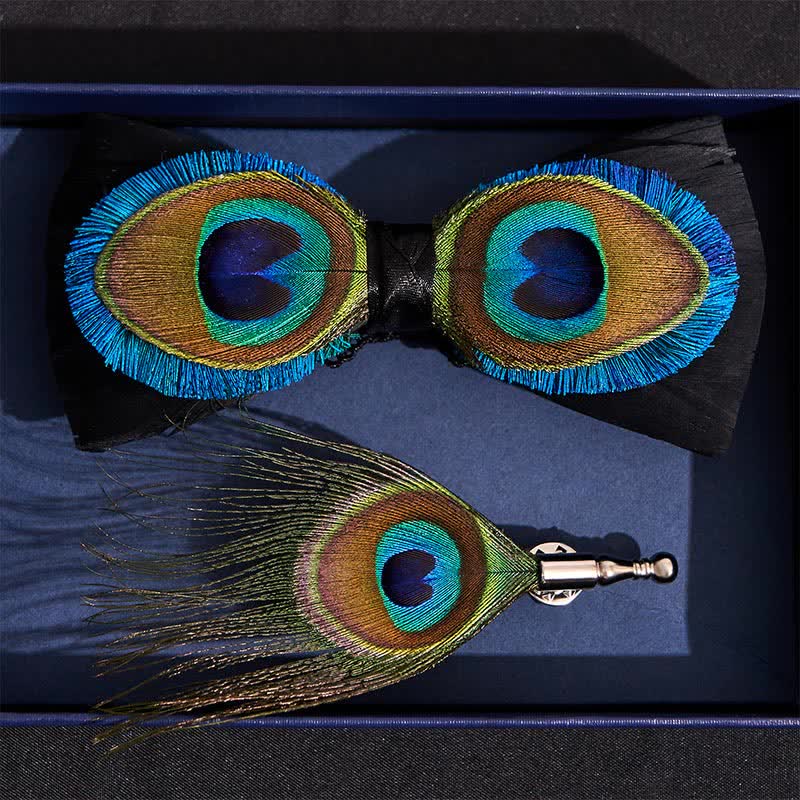 Blue & Black Peacock Eyes Feather Bow Tie