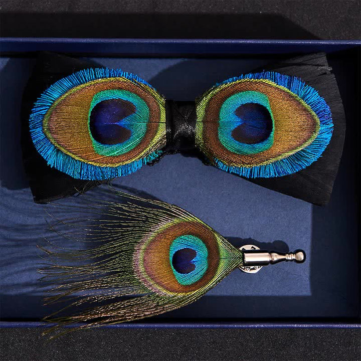 Blue & Black Peacock Eyes Feather Bow Tie