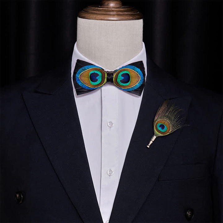 Blue & Black Peacock Eyes Feather Bow Tie
