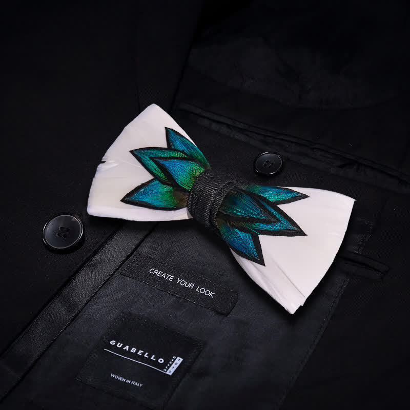 Blue Cyan & Cream White Feather Bow Tie