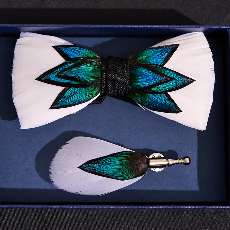 Blue Cyan & Cream White Feather Bow Tie