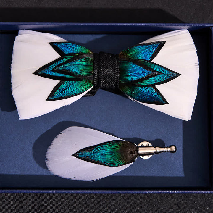 Blue Cyan & Cream White Feather Bow Tie