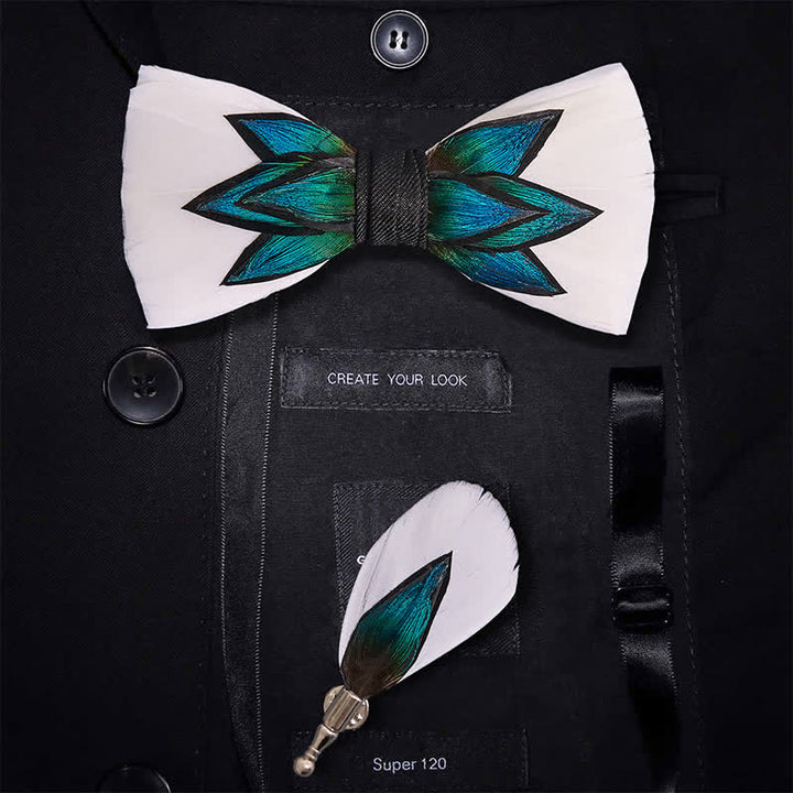 Blue Cyan & Cream White Feather Bow Tie - Bow Tie + Lapel Pin - image 0