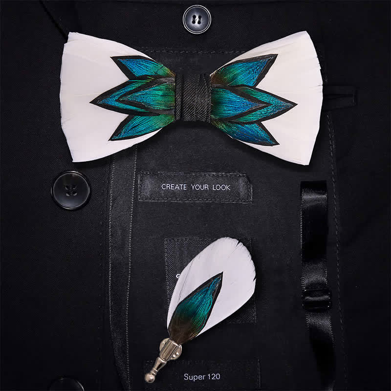 Blue Cyan & Cream White Feather Bow Tie - Bow Tie + Lapel Pin - image 0
