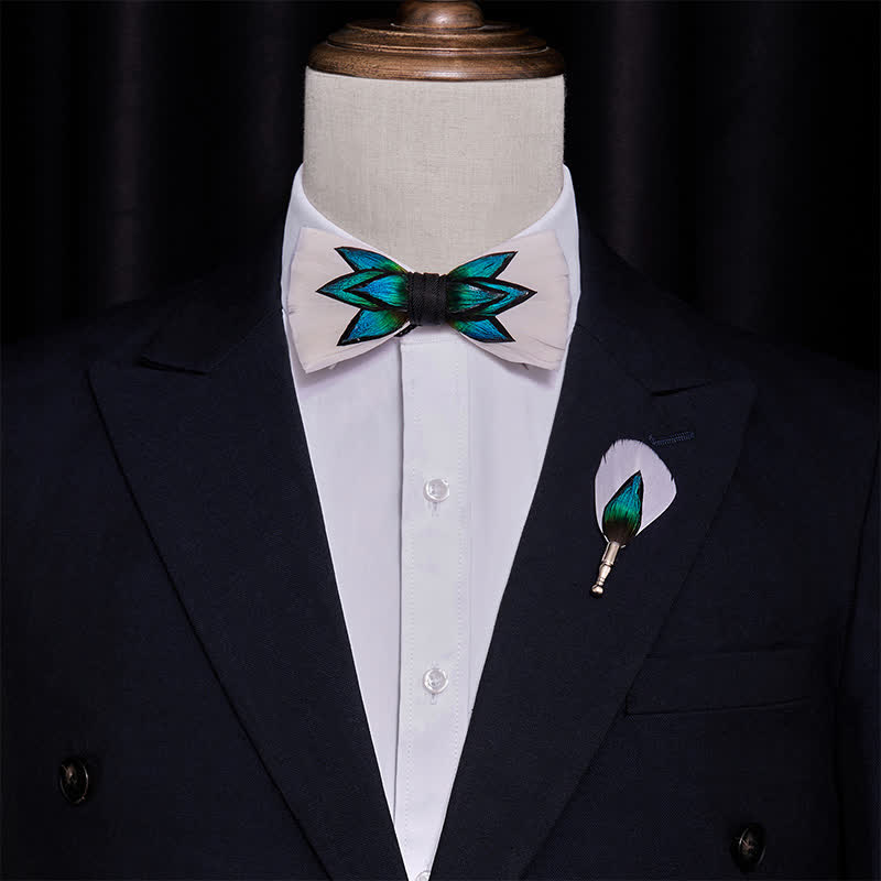 Blue Cyan & Cream White Feather Bow Tie
