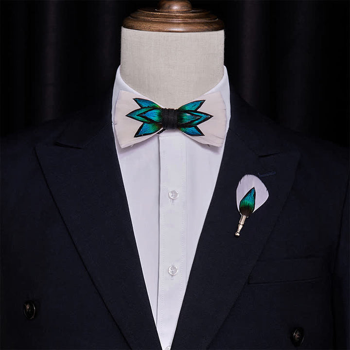 Blue Cyan & Cream White Feather Bow Tie