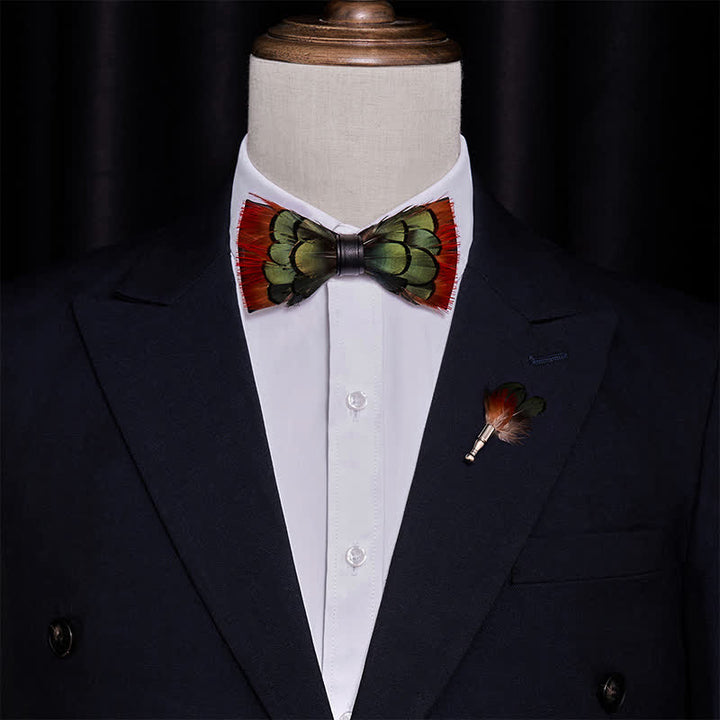 Orange Greenish Pheasant Feather Bow Tie with Lapel Pin